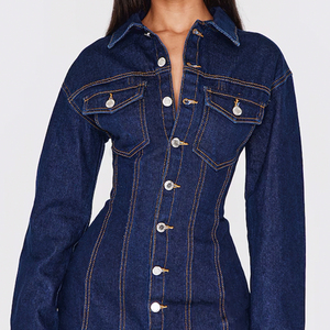 Vestido Mini de Mezclilla Azul Oscuro para Mujer, de Manga Larga, Ajustado, con Dobladillo Deshilachado, de la Fábrica de Moda Wisrise - Product Image 3