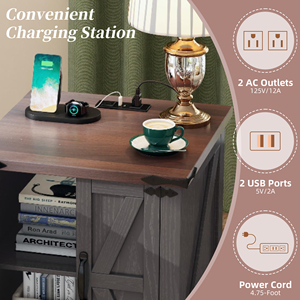 Farmhouse End Table With Charging Station <b>Rustic</b> <b>Wood</b> Nightstand 19.6 In Walnut Sofa Side Table - Product Image 3