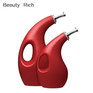 ceramic oil and vinegar bottle Solid Glaze Ceramics EVOO Olive Oil Bottle Dispenser with Spout Set, 2 Piece, Red