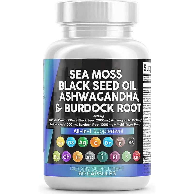 OEM Irish Sea Moss Capsules Complex Sea Moss Advanced Plus Turmeric Extract with Ashwagandha   Burdock Root