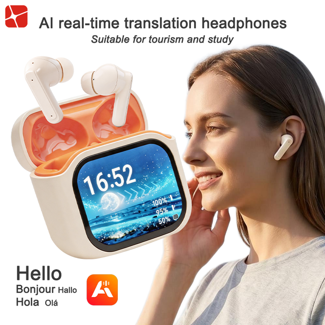 Full Color Screen Digital Display AI Translator Headphones Smart Touch Interactive Earbuds Remote Camera Shutter Function ANC