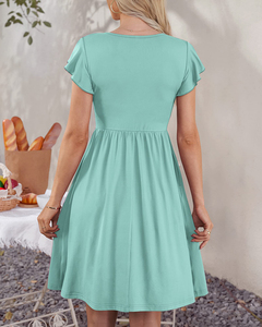 Abito Estivo da Donna con Scollo a V, Maniche Corte Plissettate, Stampa Floreale, Bottoni Frontali, Vestito Fluido e Ampio, Casual Boho per Vacanze e Feste, Mini Abito - Product Image 6