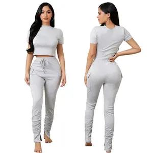 Custom Dameskleding Tweedelige Set Loungewear Casual Leggings Set Loungekleding Met Korte Mouwen Loungekleding Dames