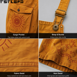 Salopette Jaune Moutarde Imprimée avec Bretelles Réglables, Poche Poitrine, Poches Cargo, Jambes Larges, Style Streetwear, Personnalisable, Vente en Gros Direct Usine - Product Image 3