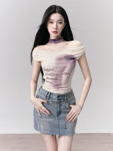 夏季风格简约短T恤甜美酷感一字领修身独特女式上衣 - Product Image 3