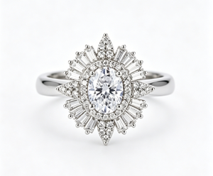 Oval Cut <b>Sunflower</b> Engagement <b>Ring</b> Brass Rhodium Plated Vintage Baguette Diamond Halo <b>Ring</b> for Bridal Jewelry - Product Image 1