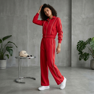 2026 Trendy Women's <b>Red</b> Tracksuit Set Vintage <b>Striped</b> 2 Piece Zip-Up Jacket and Wide Leg Pants Retro Athletic Streetwear Luxury - Product Image 2