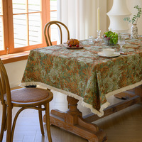 Nappe de table haut de gamme en coton et lin de style américain, motif floral inspiré de la peinture à l'huile, jacquard teint en fil, couleur café