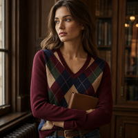 Pull en tricot personnalisé pour femme, col en V, jacquard Argyle, manches longues, style vintage preppy, vêtements en tricot pour femmes, OEM ODM