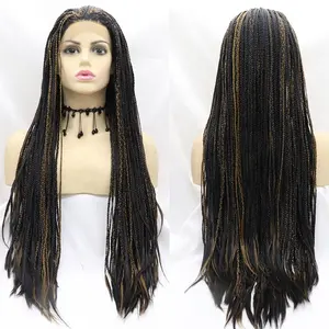 Sintético 13x4 Lace Front Trançado Perucas Para Mulheres Negras Brown Crochet Box Trança Cabelo Knotless Handmade Yaki Slit Parting Wig