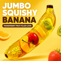 Vente en gros de jouets à presser en forme de banane géante transparente, remplis de fruits, avec boîte de vente au détail et présentoir en carton