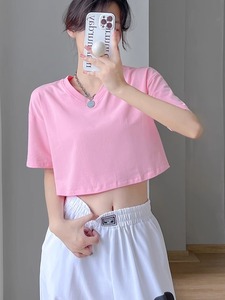 Camiseta Corta de Verano para Mujer, 95% Algodón, 5% Elastano, Cuello en V, Estampado Blanco, Estilo Urbano, Tejido de Punto - Product Image 2