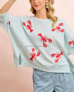 Sudadera de punto gofrado con lentejuelas de menta y bordado de langosta para el <span class=keywords><strong>4</strong></span> de julio, cuello redondo oversize, manga 3/<span class=keywords><strong>4</strong></span>, top casual para mujer - Product Image 6