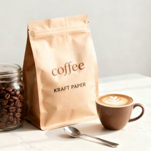 Sac à café en papier kraft imprimé sur mesure de haute qualité, écologique, à fond plat, avec valve et fermeture éclair - Product Image 1