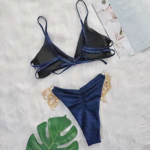 Traje de Baño Sexy <span class=keywords><strong>TIKTOK</strong></span> con Cadena de <span class=keywords><strong>Bikini</strong></span> de Seda Brillante, Accesorios de Concha de Perla, Traje de Baño con Tiras para Mujer - Product Image 3