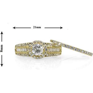 14k Yellow Gold Diamond Halo Bridal <b>Ring</b> Set Round Brilliant Baguette Cut Women's Engagement Wedding Jewelry - Product Image 6