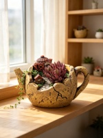 Jardinière en résine en forme de théière de jardin féerique, pot à fleurs miniature en forme de théière cassée, conteneur décoratif pour plantes de micro-paysage extérieur