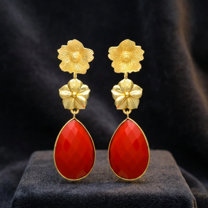 New Arrival Golden Flower Top <b>Red</b> Onyx Gemstone Tear Drop <b>Earrings</b> for Wedding Engagement Party Ethnic Gold Plated - Product Image 3