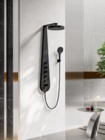Colonne de douche 4 fonctions avec panneau de douche, barre coulissante, robinets thermostatiques en laiton brossé, montage mural moderne pour appartement et hôtel