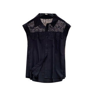 Chemisiers d'été décontractés en lin sans manches à col rabattu pour femmes, chemises unies en dentelle, hauts décontractés pour femmes, vêtements en gros pour femmes - Product Image 5