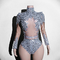 Body sexy en sequins argentés et strass - Justaucorps en maille scintillante fait main pour la scène (boîte de nuit, rave, showgirl et drag queen)