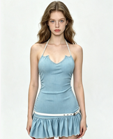 Robe mini moulante pour femme avec col halter, bordure en perles, taille froncée, ourlet à volants et ceinture
