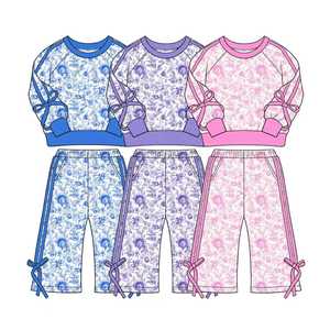Ensembles de vêtements en laine peignée 2 pièces pour petites filles, personnalisés, décontractés, à imprimé floral rose, avec chemise à nœuds et pantalon, vente en gros, ensembles pour sœurs - Product Image 2