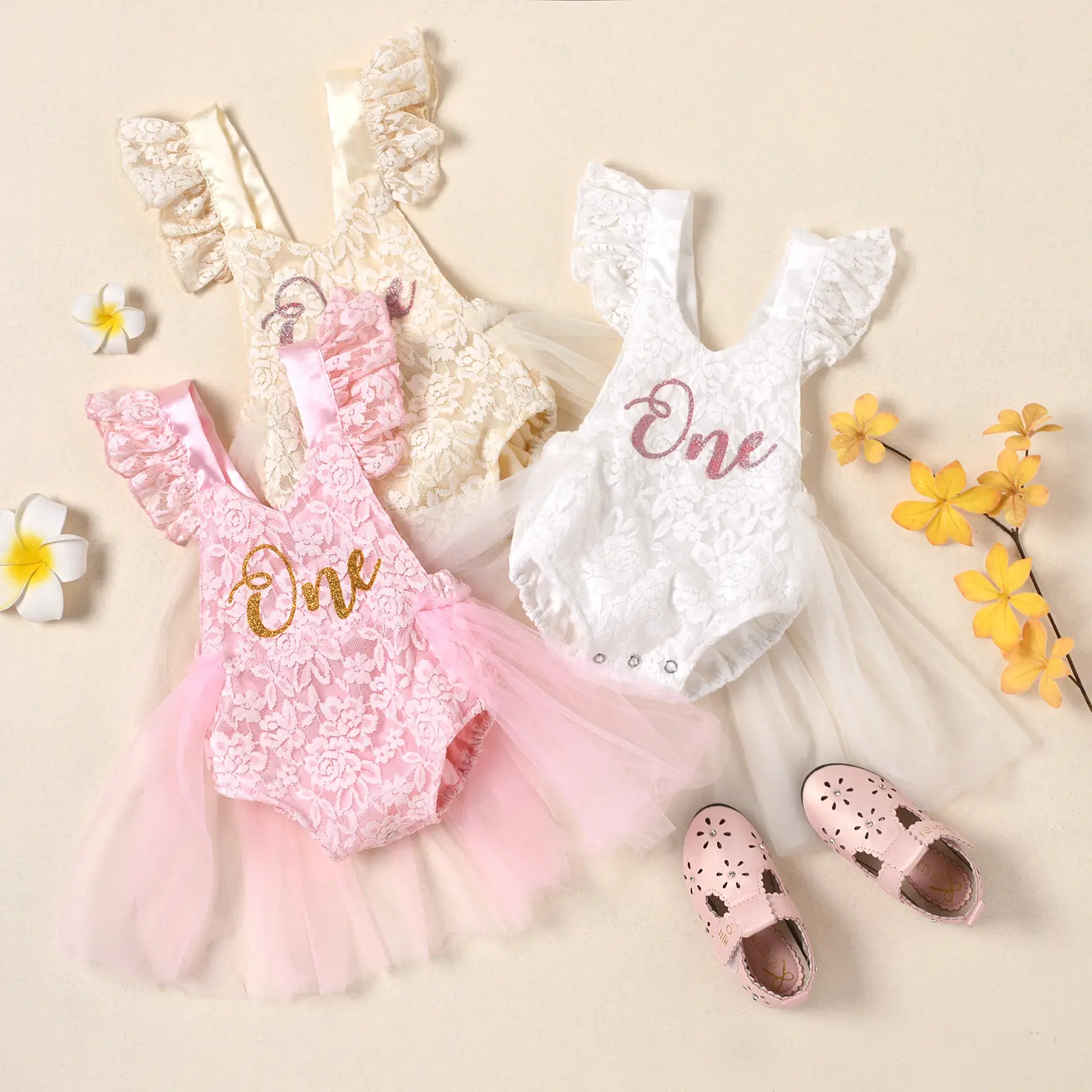 2022 Infant Baby Girl 1st Birthday Party Romper Dress Glitter ONE Letter Lace Flower Sleeveless Backless Sunsuit Tulle Romper