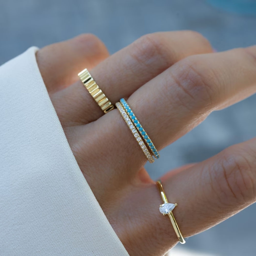 Bague Femme Motifs Mexicains - Plaqué Or Avec Zirconium Et Pierres Bleues