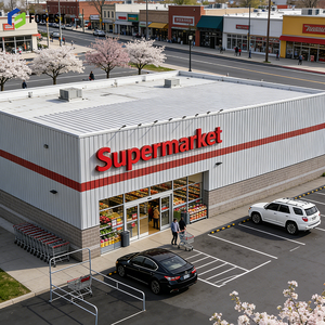 อาคารซูเปอร์มาร์เก็ตเหล็กสำเร็จรูป หน้าต่างอลูมิเนียม อาคารสูง แผ่นเหล็กลูกฟูก ศูนย์กระจายสินค้า แบบไม่มีเสา - Product Image 1