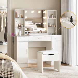 Meja rias PHOENIX, meja rias kayu Modern dengan cermin dan laci berlampu untuk furnitur kamar tidur - Product Image 2