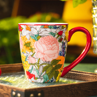 Tasse en céramique motif floral avec bord rouge, exquise pour le petit-déjeuner, idéale pour la maison et le bureau, pour le thé et le café au quotidien