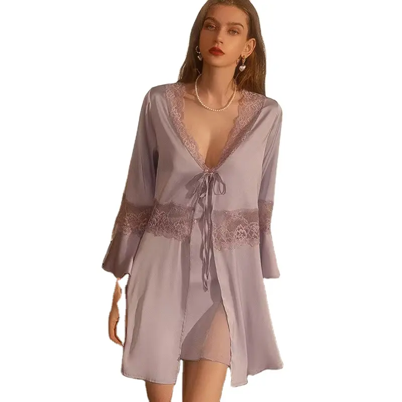 도매 여성용 레이스 나이츠와 로브 세트 봄 여름을위한 V-넥 잠옷과 격자 무늬 패턴으로 섹시한 새틴 실크 란제리