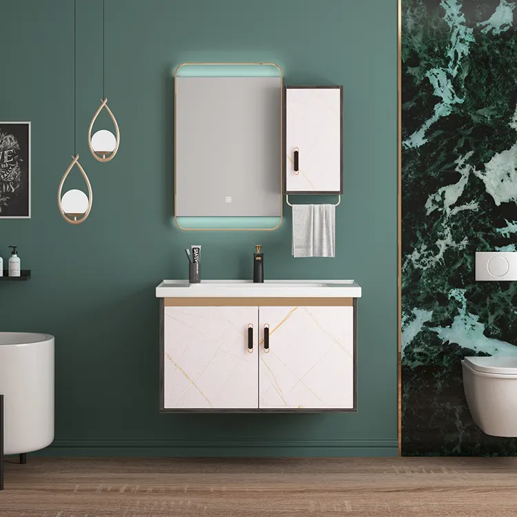 Basit stil duvar asılı banyo mobilya vanity ile yan kabin dokunmatik ekran led ayna