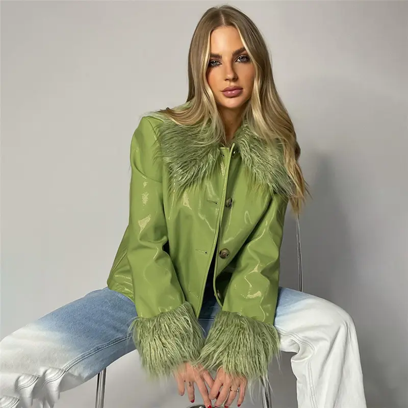 Sonbahar ve kış 2021 yeni moda uzun kollu kürk yaka tek sıra toka ince sıcak deri ceket kadın