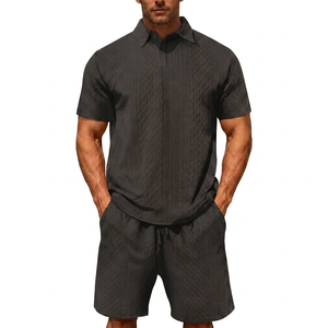<b>Men</b> Black Knitted Polo Shirt and <b>Shorts</b> Set Geometric <b>Pattern</b> Casual Summer Outfit Breathable Two Piece Clothing - Product Image 1