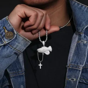 Jewellery Wholesale Hip Hop No Fading 925 Sterling Silver VVS Moissanite Diamond Iced Pray Hand Pendant With Cross Charm