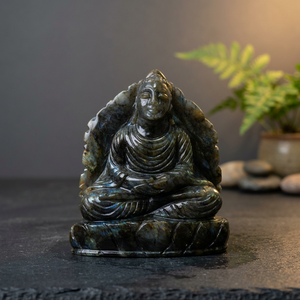 Statue de Bouddha en labradorite sculptée à la main, assise sur un socle de lotus, figurine en pierre précieuse à reflets bleus, décoration d'autel - Product Image 1