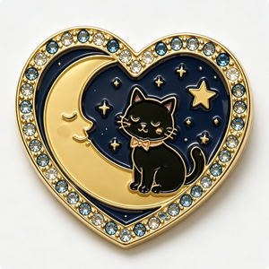 Épingle en métal plaqué or en forme de cœur avec motif chat noir, lune et étoiles, émail dur, alliage de zinc, thème animal, Saint-Valentin - Product Image 5