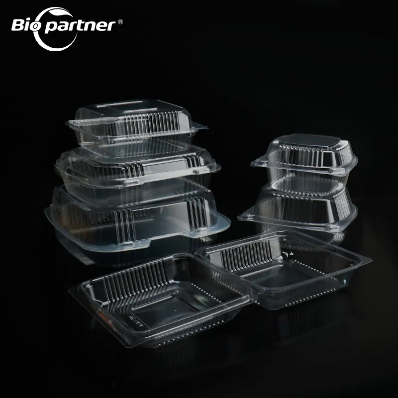 Récipient pour aliments BOPS à 3 compartiments avec logo OEM Boîte à charnière en plastique transparent jetable Contenant pour aliments transparent Boîte à emporter à clapet