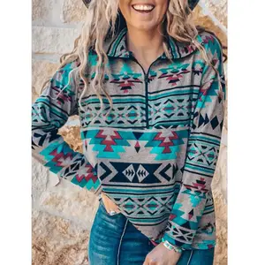 Women's Collared Sweatshirt Western Cowgirl Apparel Teal Turquoise Aztec Print Pullover Top