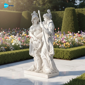 Statua di guerriera in marmo naturale puro scolpita a mano con scudo e compagna, scultura da esterno per giardini - Product Image 5