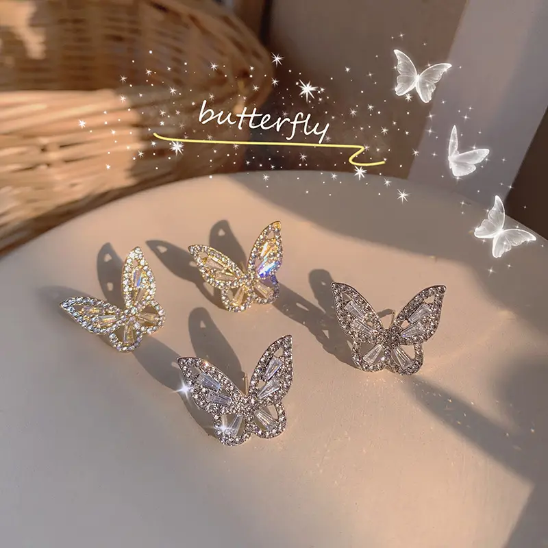 S925 Silver Trendy Small And Exquisite Ins Girl Earrings 2021 Crystal Butterfly Earrings Women