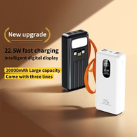 Nouvelle conception de batterie externe portable 30000 mAh, charge rapide PD 22,5 W, écran LED, sortie USB-C, batterie externe 30000 mAh avec câble intégré, lumière