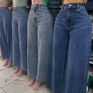 Jeans à <span class=keywords><strong>taille</strong></span> <span class=keywords><strong>haute</strong></span> et jambes larges pour femmes, <span class=keywords><strong>pantalon</strong></span> en denim délavé décontracté pour tous les jours - Product Image 1