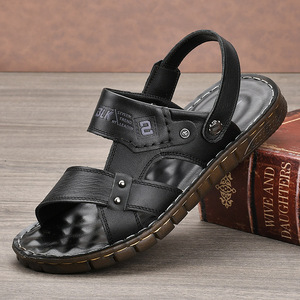 Solid <b>Flat</b> <b>Sandals</b> Men Genuine Leather Open Toe Rubber Outsole Anti Slip Casual Summer Wear Leather Logo - Product Image 1