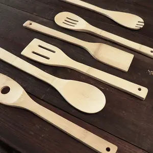 MRK Kitchen Juego de utensilios de bambú de 6 piezas Cuchara de espátula de madera para cocinar