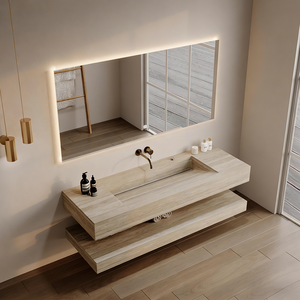 Wash Basin Floating Vanity Bathroom Hotel Wall Mounted Stone Top Integrated Sink Travertine Bathroom Vanity - Product Image 1