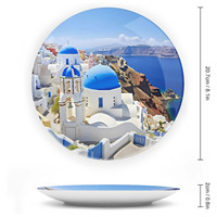Santorin Grèce Assiette décorative en porcelaine sur mesure Assiette décorative ronde en céramique avec présentoir pour décoration murale de bureau à domicile