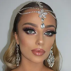 Bandeau de fleur en cristal de luxe pour femmes, pendentif en strass, chaîne frontale, accessoires de bijoux de cheveux Boho
